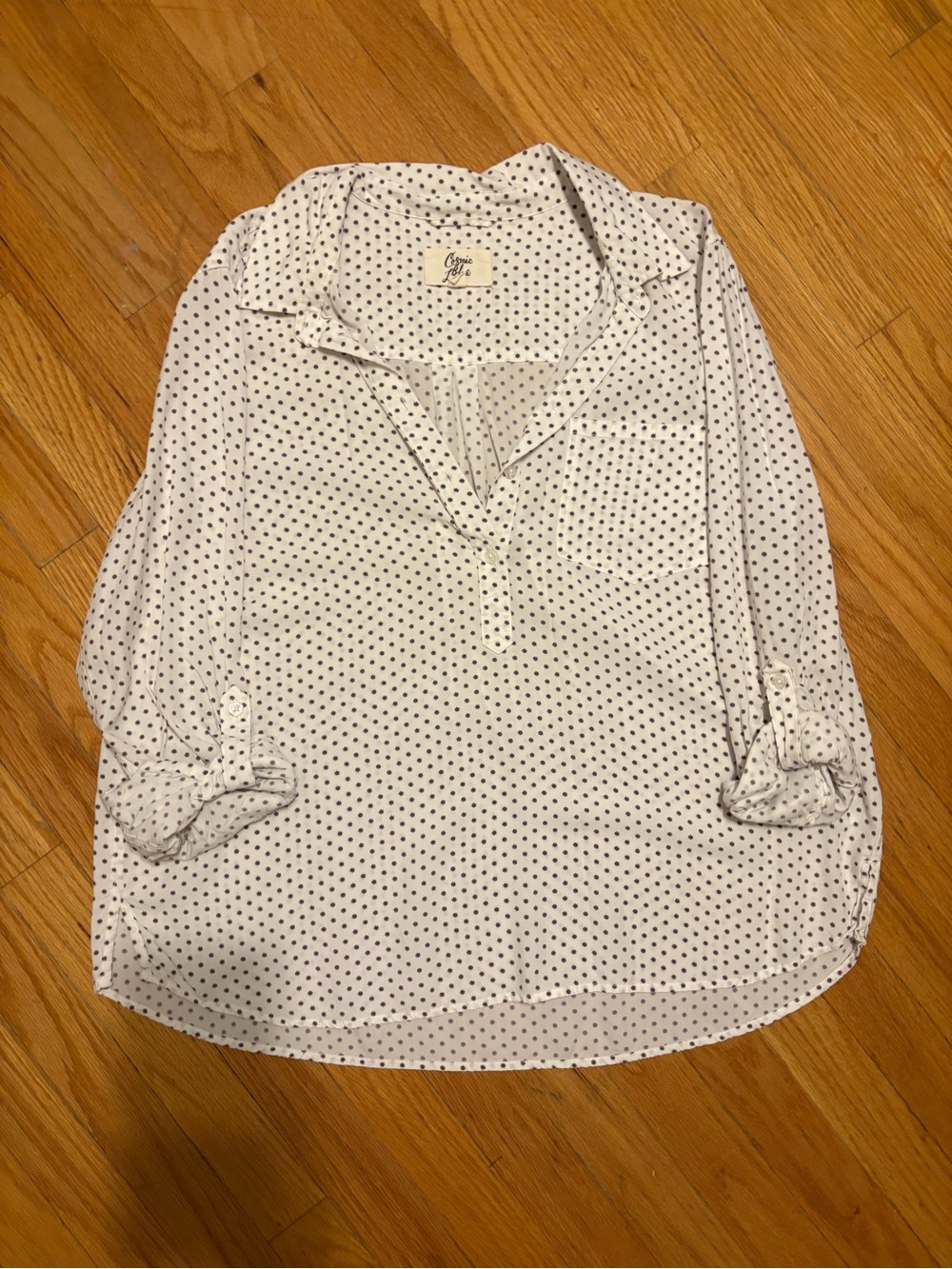 Cosmic Blue Love White Star Print V-Neck Boho Blouse Top Size Large